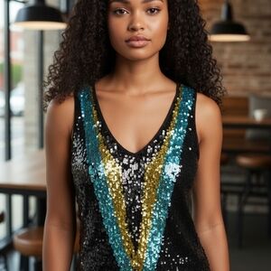 Rock Revival Sequin Dress with Blue and Gold V-Pattern
